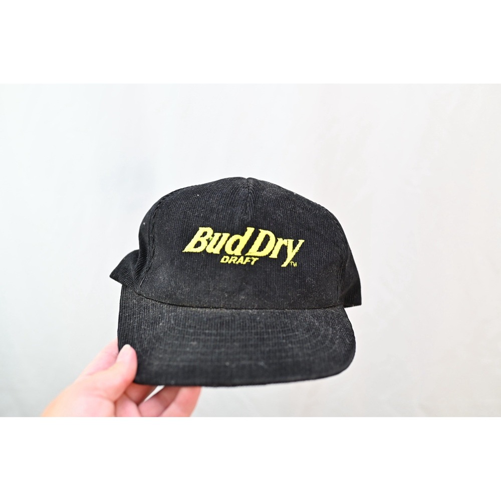 Vintage Bud Dry Draft Black Corduroy Stylemaster Hat Mens Strapback Made in USA